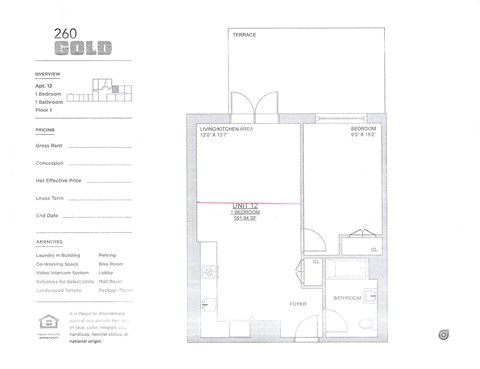 A floor plan for a property called 260 Gold is shown with a living kitchen area, bedroom, and bathroom.